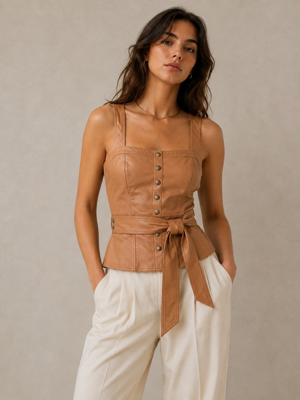 Marissa Webb Almond Leather Snap-Front Vest